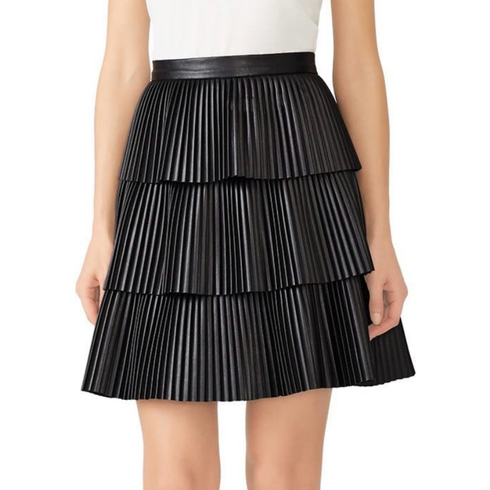 Nha Khanh Faux Leather Tiered A-Line Skirt